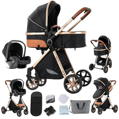 Produktbild von 3-in-1 Reisesystem für Kinderwagen - Aluminiumrahmen - Faltbar - Babyschalenkompatibel - Belastbarkeit 20 kg - Verstellbares Sonnendach - Schwarz