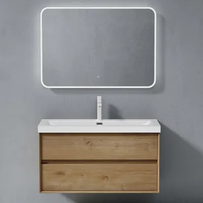 Immagine prodotto di doporro Mobile Bagno Sospeso 100cm, Mobiletto per Bagno con 2 Cassetti Include Lavabo e Specchio LED Bianco Rimo F156, Marrone chiaro