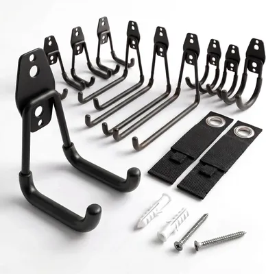 Immagine prodotto di Ganci a parete 12 - Set completo - Supporto a parete per garage - Rivestito - Porta utensili da giardino - Include fascette per cavi - Acciaio inossidabile - Nero