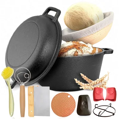 Obrázok produktu pre Forma na pečenie chleba s vekom vrátane košíka na kysnutie - Robustná 26 cm forma na pečenie z liatiny - Ideálna ako forma na pečenie, forma na toastový chlieb, forma na chlieb, liatinový hrniec na chlieb