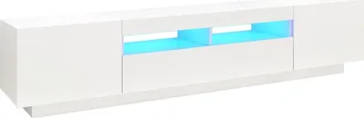 A white TV stand with blue LED lighting.