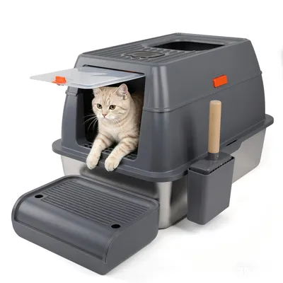 Produktbild von Edelstahl Katzenklol mit Deckel, XXL katzentoilette Edelstahl zwei Eingängen,Geschlossene Katzenklo mit Schaufel & Trittstufe