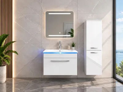 Produktbild von Faizee Home Badmöbelset 60 cm Hochglanz inkl. Keramik-Waschbecken, LED-Spiegel & Soft-Close