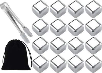 Image de 16 glaçons en acier inoxydable - à fabriquer soi-même - avec une lanière et un sac en tissu noir - pour cocktails - pour les amateurs de whisky