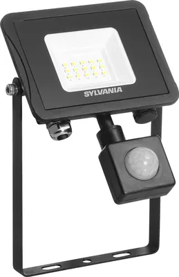 A black LED floodlight with a motion sensor attached, shown against a white background.