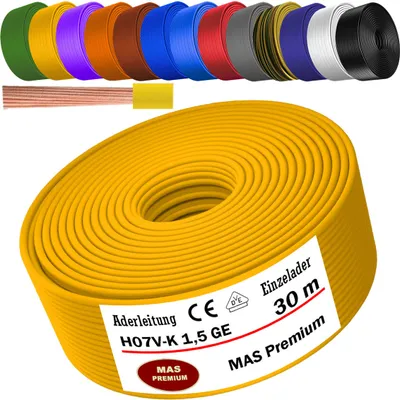 Productafbeelding van 30 meter installatiedraad H07 V-K GE, 1x1,5 mm², geel, enkeldradig, flexibel