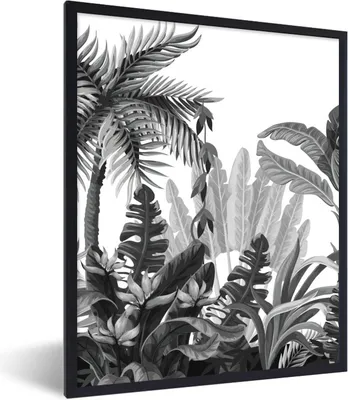 Produktbild von MuchoWow® Gerahmtes Poster Blätter - Schwarz und Weiß - Dschungel 60x80 cm - Poster mit Schwarzem Bilderrahmen Wandposter Rahmen Foto Bilder - Premium - Wanddeko Wohnzimmer