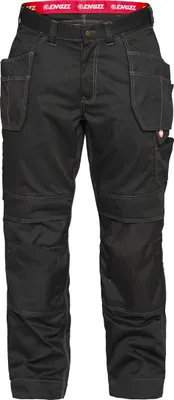 A pair of black work pants with multiple pockets.
