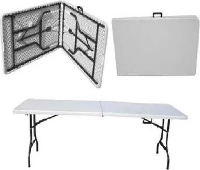 A collage showing a folding table in different states: folded and open, and a closed table.
