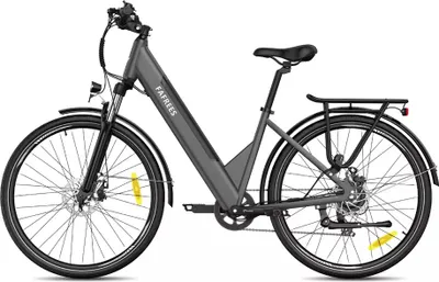 A studio shot of a gray electric bicycle against a white background.