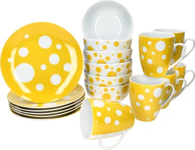 Zdjęcie produktu dla Pula żółty 18-częściowy zestaw śniadaniowy porcelanowy talerz miska kubek w kropki