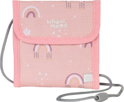 A pink pouch with a rainbow pattern and a lanyard.