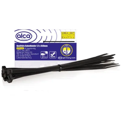 Zdjęcie produktu dla opaski kablowe alca® 7,2*350mm 50 szt. czarne 55 kg wytrzymałości na rozciąganie odporne na promieniowanie UV do mocowania kabli wewnątrz i na zewnątrz nylon odporny na temperaturę