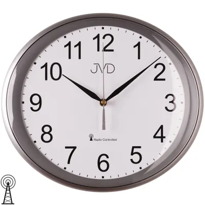 A close-up studio shot of a silver oval wall clock with a white face and black numbers and hands.