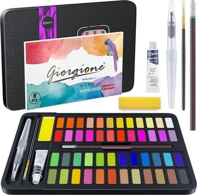 Produktbild von Aquarell-Set für Anfänger, 48 Farben, Pinsel, Wasserbehälter