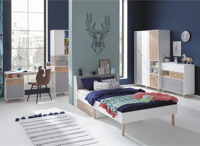 Produktbild von Jugendzimmer Set 5-teilig FAIRFAX-133 mit Jugendbett 90x200cm in weiß mit Eiche und grau
