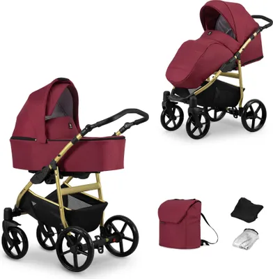 Produktbild von Kinderwagen MATA Sportwagen Babywagen Babyschale Komplettset Kinder Wagen Set 2 in 1 (maroon, Rahmenfarbe: Gold)