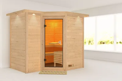 Produktbild von Karibu Sauna Innensauna Sahib 2 Eckeinstieg ohne Zubehör 264x198x214 cm mit Dachkranz  mit Bronzierter Tür