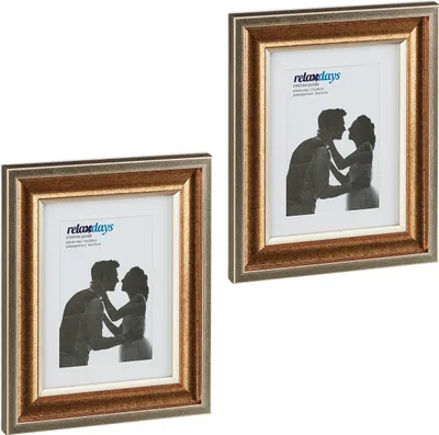 Immagine prodotto di Set di 2 cornici Relaxdays, 15x20 cm, formato verticale e orizzontale, cornici da appendere o da appoggiare, con passe-partout, dorate