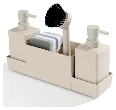 Produktbild von Küchenseifenspender-Set mit Schwammhalter für Spülbecken, Handseife und Bürste, Mattbeige