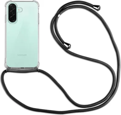 A transparent phone case with a black lanyard attached, shown against a white background.