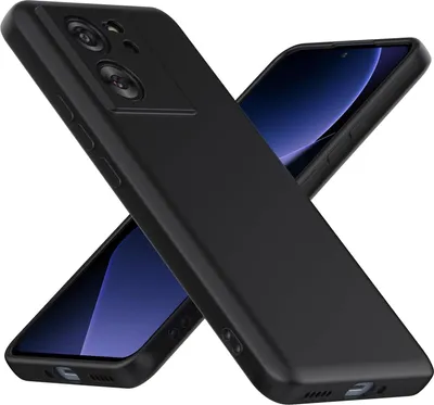 Two black smartphone cases are arranged diagonally on a white background.