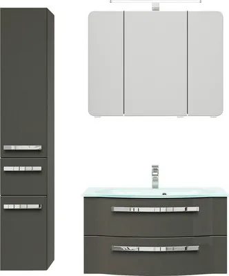Produktbild von Pelipal Badmöbel-Set Serie 4005 BxHxT 122 x 200 x 49,1 cm Frontfarbe grau hochglanz mit Waschtisch Glas weiß, Waschtisch
