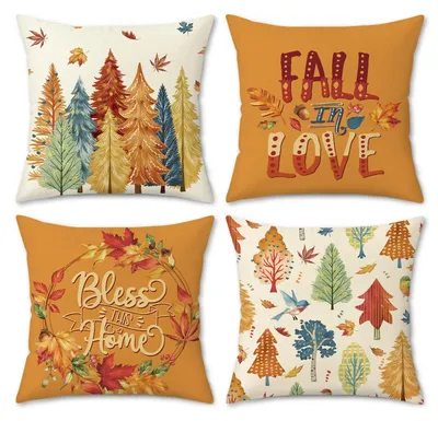 Kissenbezüge 45x45 cm, 4er-Set, Herbst-Wald-Motiv, Polyester, Outdoor