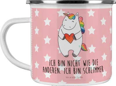 Produktbild von Mr. & Mrs. Panda Emaille Tasse Einhorn Herz - Rot Pastell - Geschenk, Unicorn, Bunt, Einhörner, Teetasse, metallbecher, Freundin, Blechtasse, Haferl, Pott