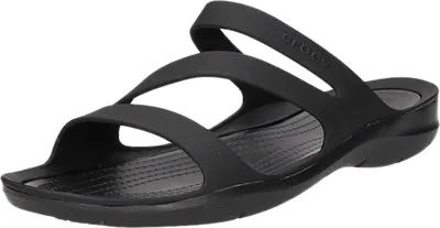A black Crocs sandal is shown from a side angle against a white background.