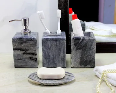 4-teiliges Badaccessoire-Set aus Naturstein, braun