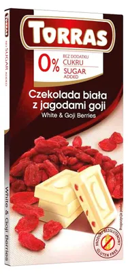 CZEKOLADA BIAŁA BEZ DODATKU CUKRU Z JAGODAMI GOJI BEZGLUTEN 75G TORRAS