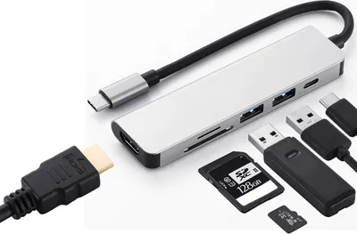Produktbild von AKIS USB C Hub HDMI Dock für MacBook, Mac Pro/Air, iPad & USB-C Geräte, 6-in-1 Schnittstellen, Aluminium, Silbergrau, 11x3x1cm, 15cm Kabel, 44g, vergoldeter USB-C Anschluss, rutschfest, inkl. Stofftasche