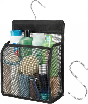 Productafbeelding van Mesh douche plank hangend - Zwart organisator badkamer opbergtas met haken - Transparant roterend hangend net badmanden voor studentenkamer - Gym