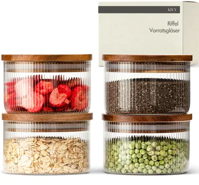 Productafbeelding van Riffel Voorraadpotten met deksel, 4 x 350 ml, opbergpotten met acaciadeksel