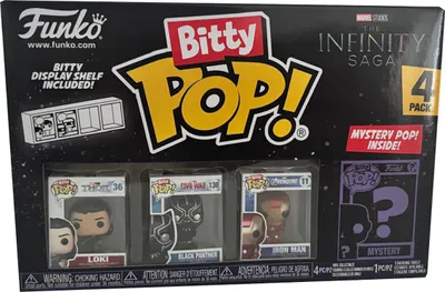 A Funko Bitty Pop! 4-pack featuring Loki, Black Panther, Iron Man, and a mystery pop, along with a display shelf.