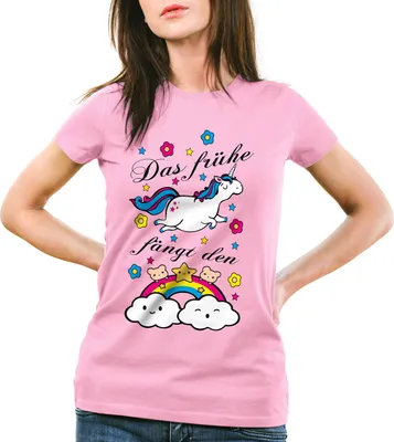 Produktbild von style3 Das frühe Einhorn fängt den Regenbogen Damen T-Shirt, Farbe:Pink, Größe:S