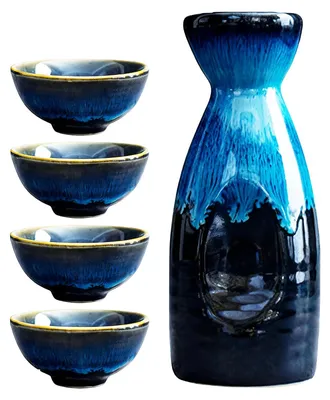 Japanisches Sake-Set, 5-teilig, handgefertigt, Porzellan, blau glasiert