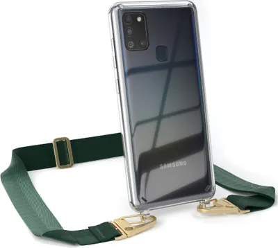 Produktbild von EAZY CASE - Hülle mit Band für Samsung Galaxy A21s, Handyhülle mit Umhängeband, Silikonhülle transparent, Handykette in Grün