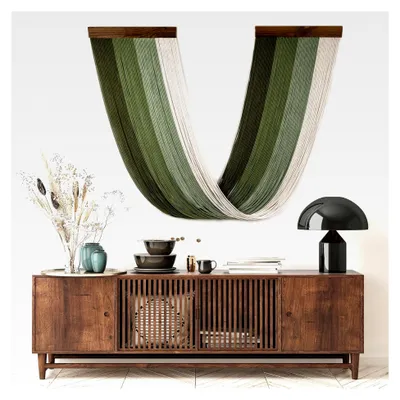 Produktbild von Grünes Makramee-Wandbehang, Boho-Tapisserie, Wandkunst, handgefertigt, gewebte Wandkunst, moderne Heimdekoration, Kopfteil, Wanddekoration für Schlafzimmer und Wohnzimmer