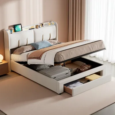 Produktbild von ProximaX Hydraulisches Polsterbett 140x200cm mit USB & Typ-C, Jugendbett Doppelbett mit Led, Stauraumbett Boxspringbett mit Lattenrost, Samt, Beige