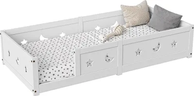 Image de Lit d'enfant - Lit au sol Montessori - 140 x 200 cm - Structure en bois - Avec barrière de sécurité - Sans tiroirs - Design scandinave