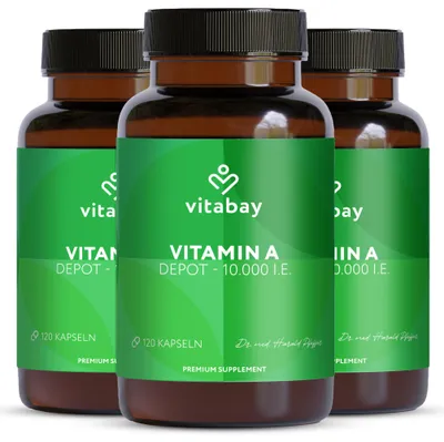 Produktbild von Vitabay Vitamin A Hochdosiert Kapseln VEGAN - 120 Vitamin A Retinol Kapseln 10000 IE - Vitamine A für Augen, Haut & Immunsystem - Retinol Vitamin A Tabletten - Vit A Vitamin A Vegan & Labor – 3er-Set