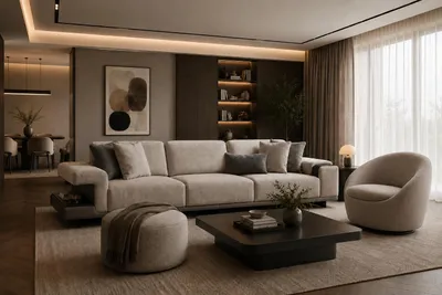 Zdjęcie produktu dla Elegancka sofa, stylowe fotele trzysobowe, fotel tapicerowany tkaniną, taboret obity tkaniną