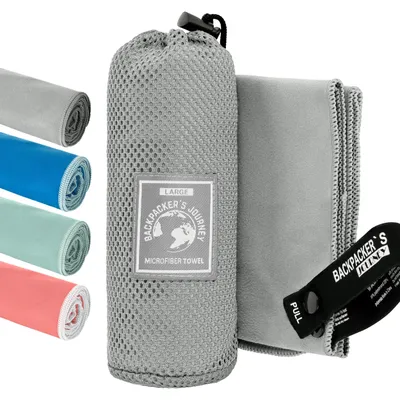Zdjęcie produktu dla Ręczniki z mikrofibry Backpacker's Journey w rozmiarach S, M, L, XL. Zestawy ręczników podróżnych – lekkie, szybko schnące, chłonne i antybakteryjne (szare, rozmiar L)