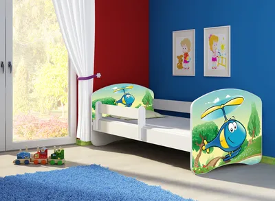 Produktbild von Kinderbett, Babybett 70x140, 80x160, 80x180cm Juniorbett, Kind, Motiv, Schublade CLAMARO, Bett Farbe:35 Helikopter, Ausführung:Ohne Bettkasten, Bett Größe:140 x 70 cm