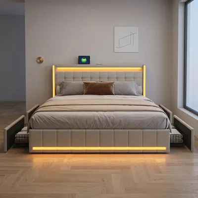 Obrázek produktu pro ProximaX Moderní manželská postel 140x190 cm s obvodovým LED osvětlením, USB nabíjecí stanicí a 4 kovovými zásuvkami, lněná látka, béžová
