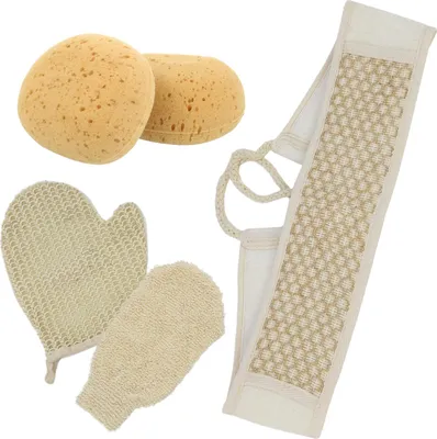 Produktbild von com-four® 05-teiliges Wellness-Set mit Massageschwämmen, Wellnesshandschuhen und Massage-Rückengurt