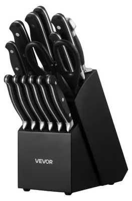 Image de Ensemble de couteaux de cuisine, 15 pièces - Bloc à couteaux en bois et aiguiseur - Acier inoxydable