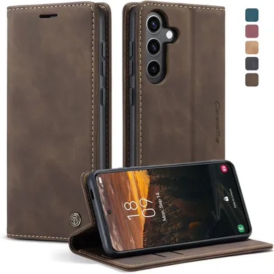 Image de Étui rabattable pour Samsung Galaxy S24 FE 5G, en simili cuir, avec porte-cartes, fonction support et couleur café, pour écran de 6,7 pouces